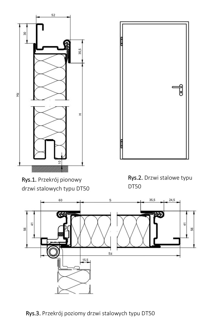 Drzwi stalowe Typ DT50 jednoskrzydłowe schemat