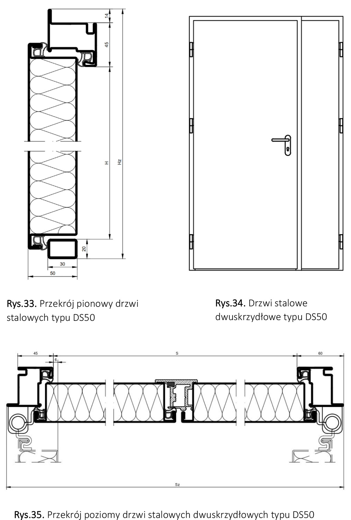 Drzwi stalowe Typ DS50 dwuskrzydłowe schemat